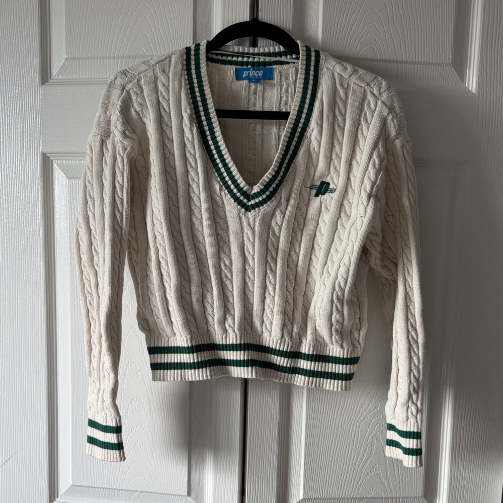 Prince Women's Cream Cable-Knit V-Neck Sweater with Green Trim
